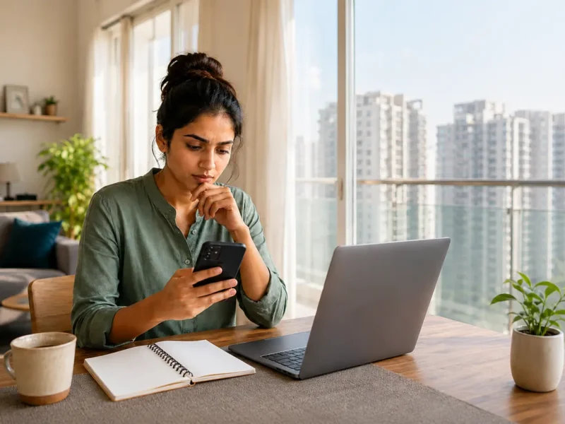 Noida resident checking a food business on her smartphone before placing an online food order