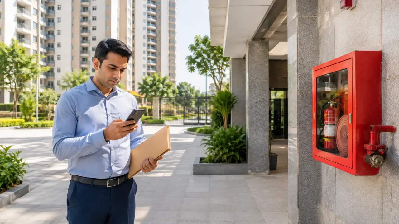Representative residential high-rise illustrating Fire NOC verification for Noida apartment residents