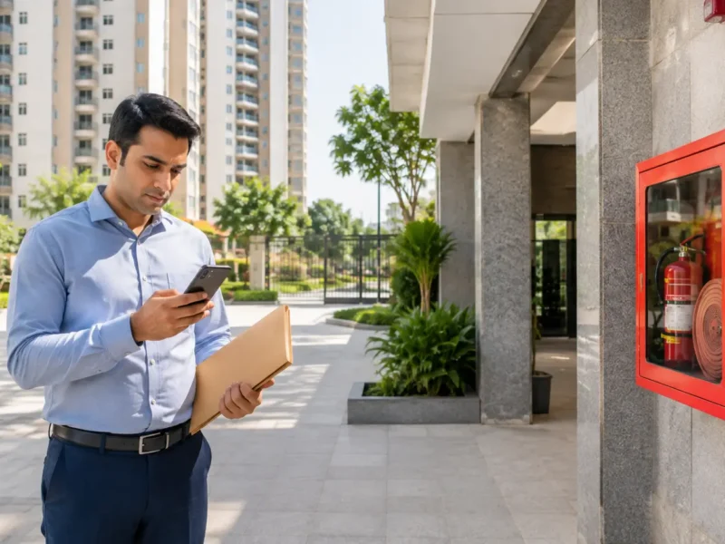 Representative residential high-rise illustrating Fire NOC verification for Noida apartment residents
