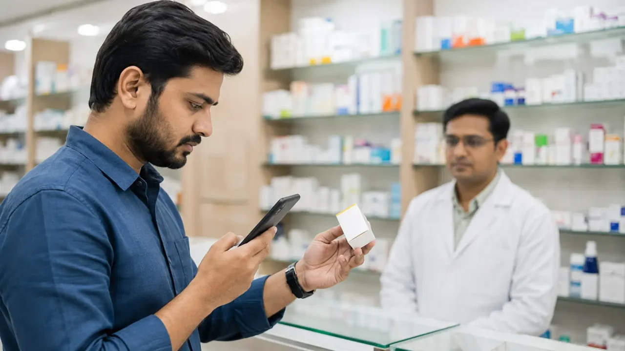 Customer checking medicine packaging with a smartphone at a pharmacy in a representative medicine-safety illustration