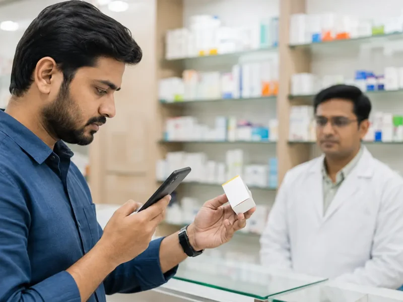 Customer checking medicine packaging with a smartphone at a pharmacy in a representative medicine-safety illustration