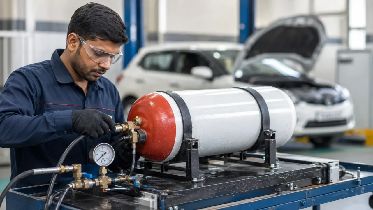 Automotive CNG cylinder undergoing professional hydro-testing at a representative vehicle testing facility