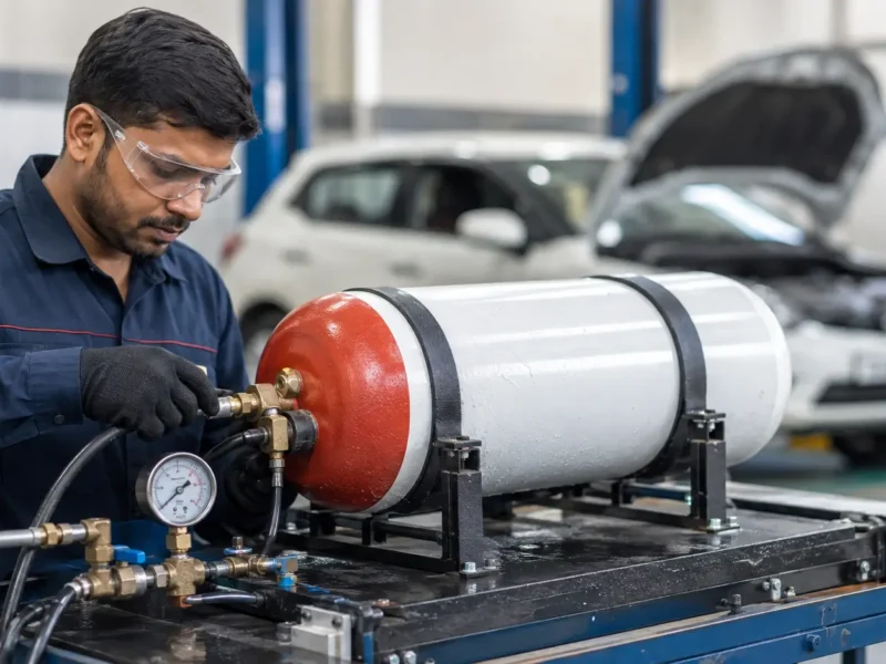 Automotive CNG cylinder undergoing professional hydro-testing at a representative vehicle testing facility