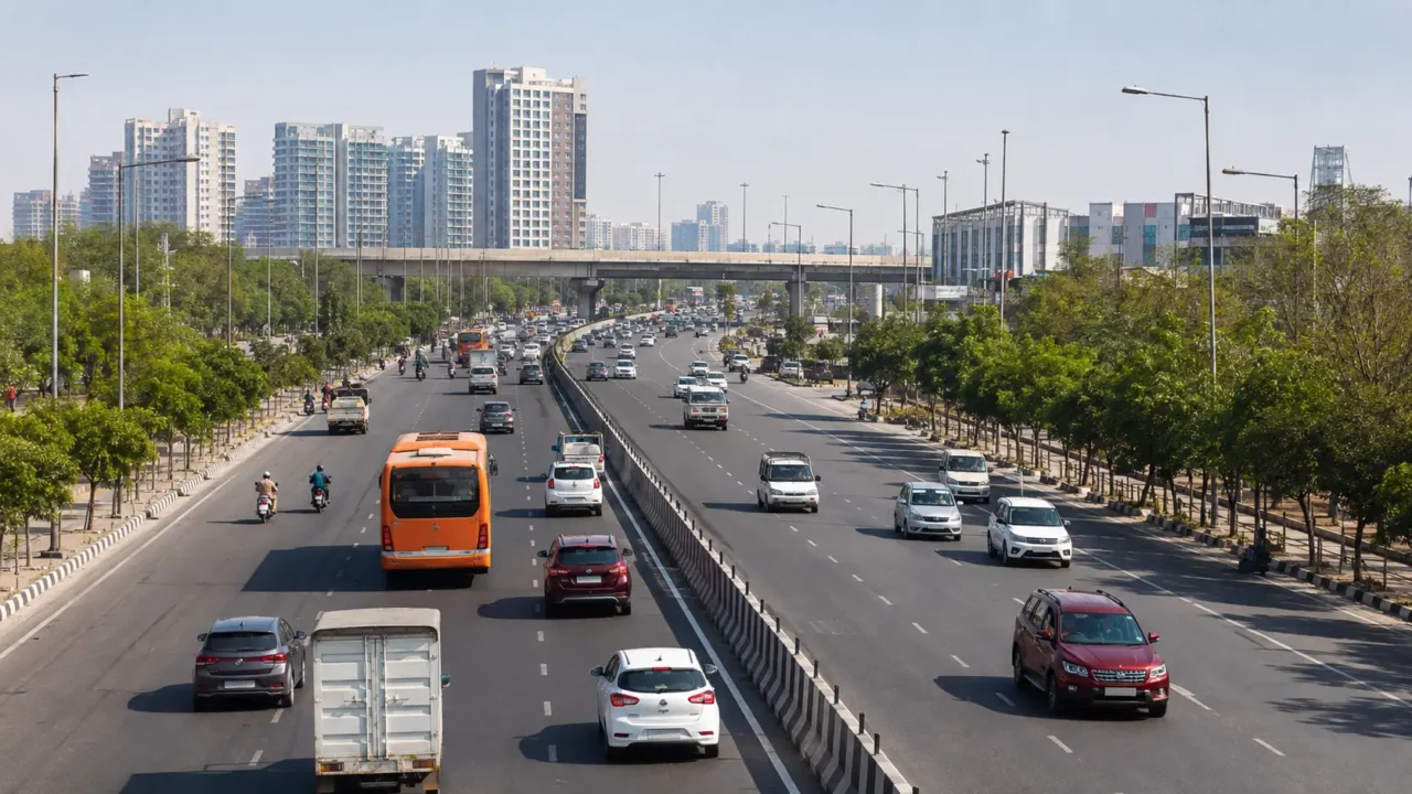 Traffic on a major Noida road representing the proposed DSC Road and Sector 79 model road upgrades