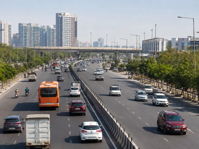 Traffic on a major Noida road representing the proposed DSC Road and Sector 79 model road upgrades