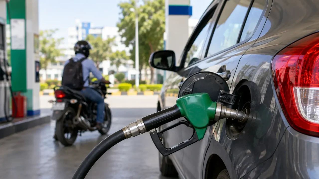 Car being refuelled at an Indian petrol station, illustrating E20 petrol guidance for vehicle owners in Noida