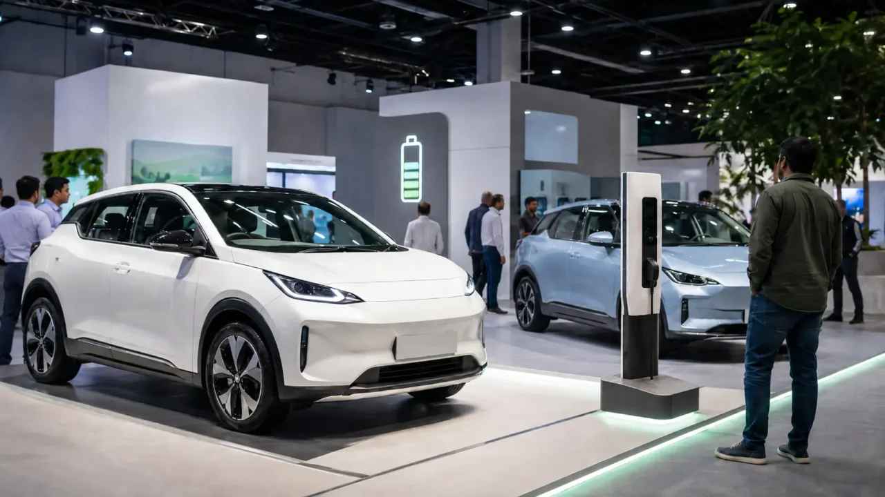 Representative image of electric vehicles and charging technology displayed in a modern exhibition hall