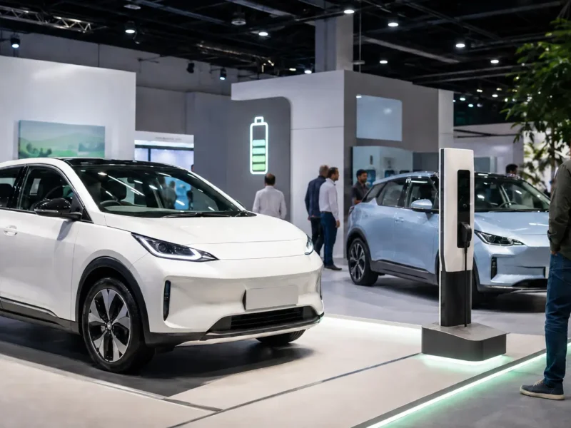 Representative image of electric vehicles and charging technology displayed in a modern exhibition hall