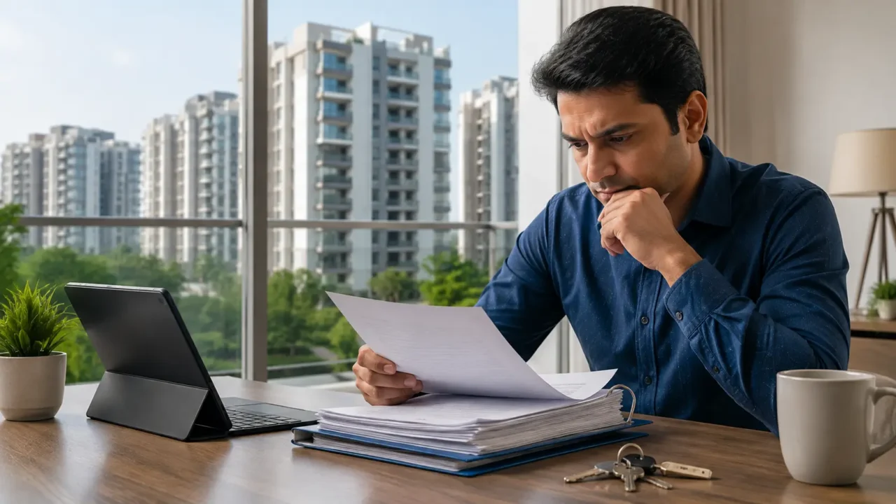 Representative image of a homebuyer checking property documents before accepting possession of a flat in Noida or Greater Noida