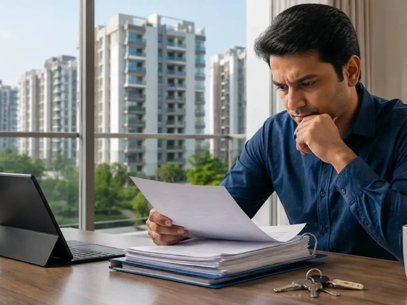 Representative image of a homebuyer checking property documents before accepting possession of a flat in Noida or Greater Noida