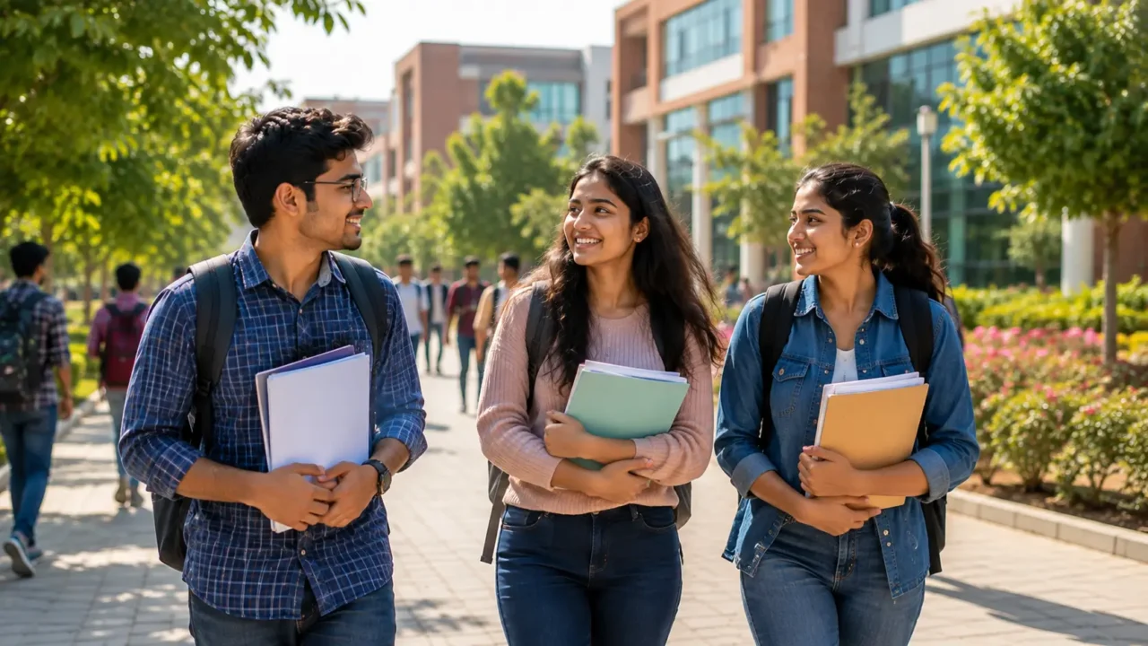Representative image of university students carrying documents on a Greater Noida campus during the admission season