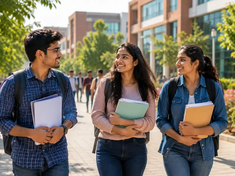 Representative image of university students carrying documents on a Greater Noida campus during the admission season