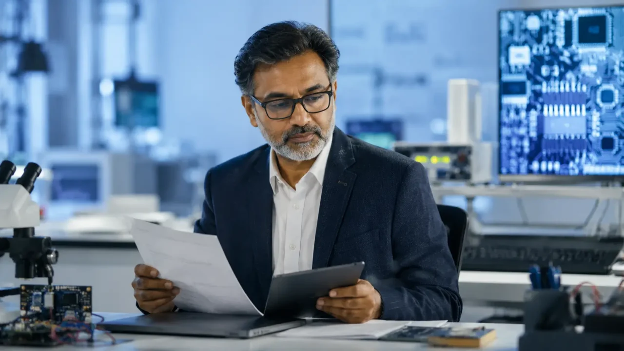 Representative image of a senior Indian academic reviewing documents in an electronics and semiconductor research lab