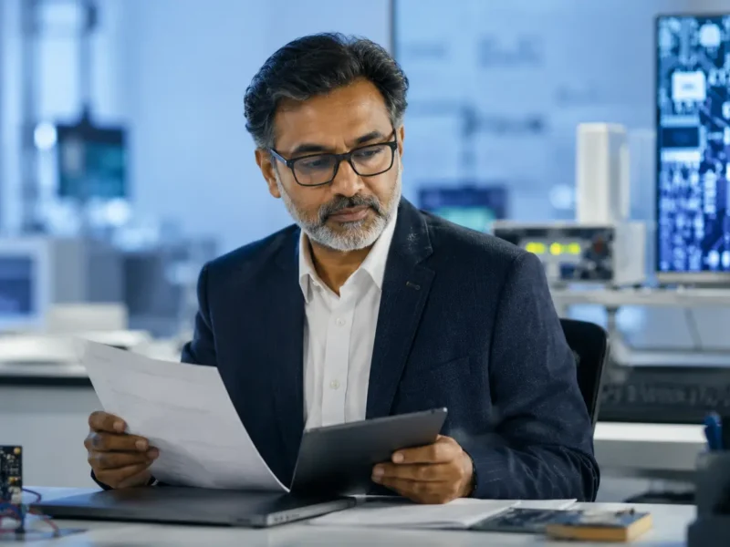 Representative image of a senior Indian academic reviewing documents in an electronics and semiconductor research lab