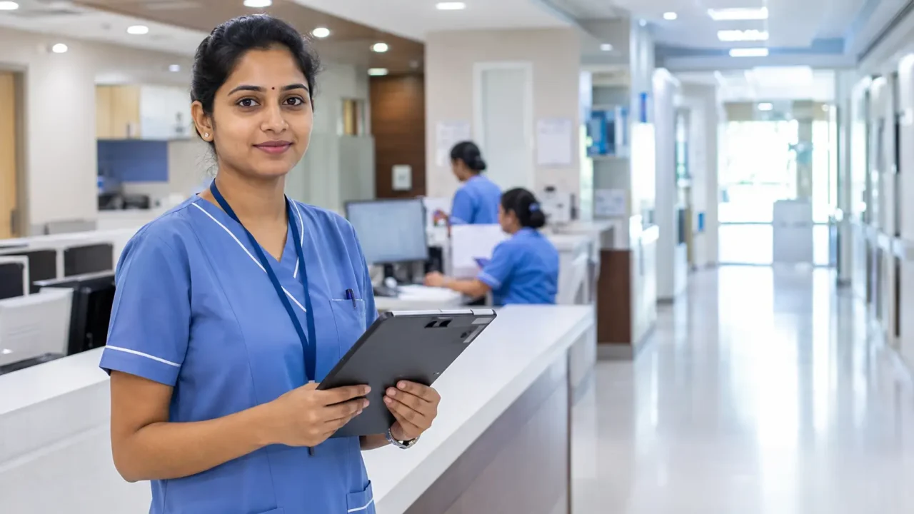 AI-generated representative image of a nurse in a hospital setting for GIMS Greater Noida Staff Nurse recruitment 2026