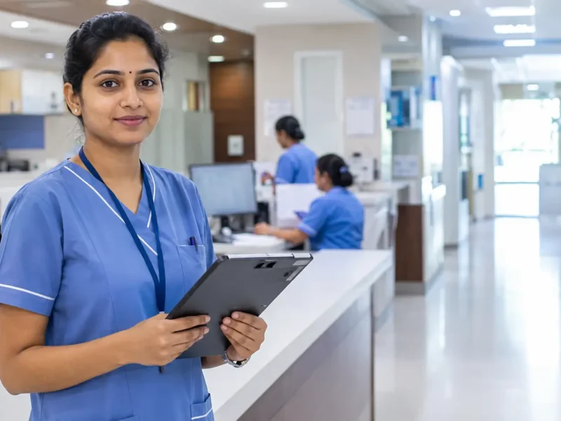 AI-generated representative image of a nurse in a hospital setting for GIMS Greater Noida Staff Nurse recruitment 2026