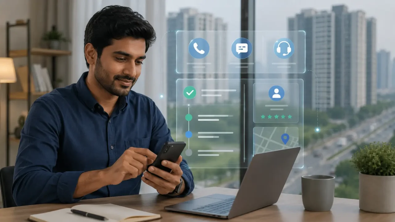 Greater Noida resident using a mobile phone with a representative digital complaint-tracking interface