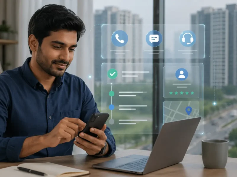 Greater Noida resident using a mobile phone with a representative digital complaint-tracking interface