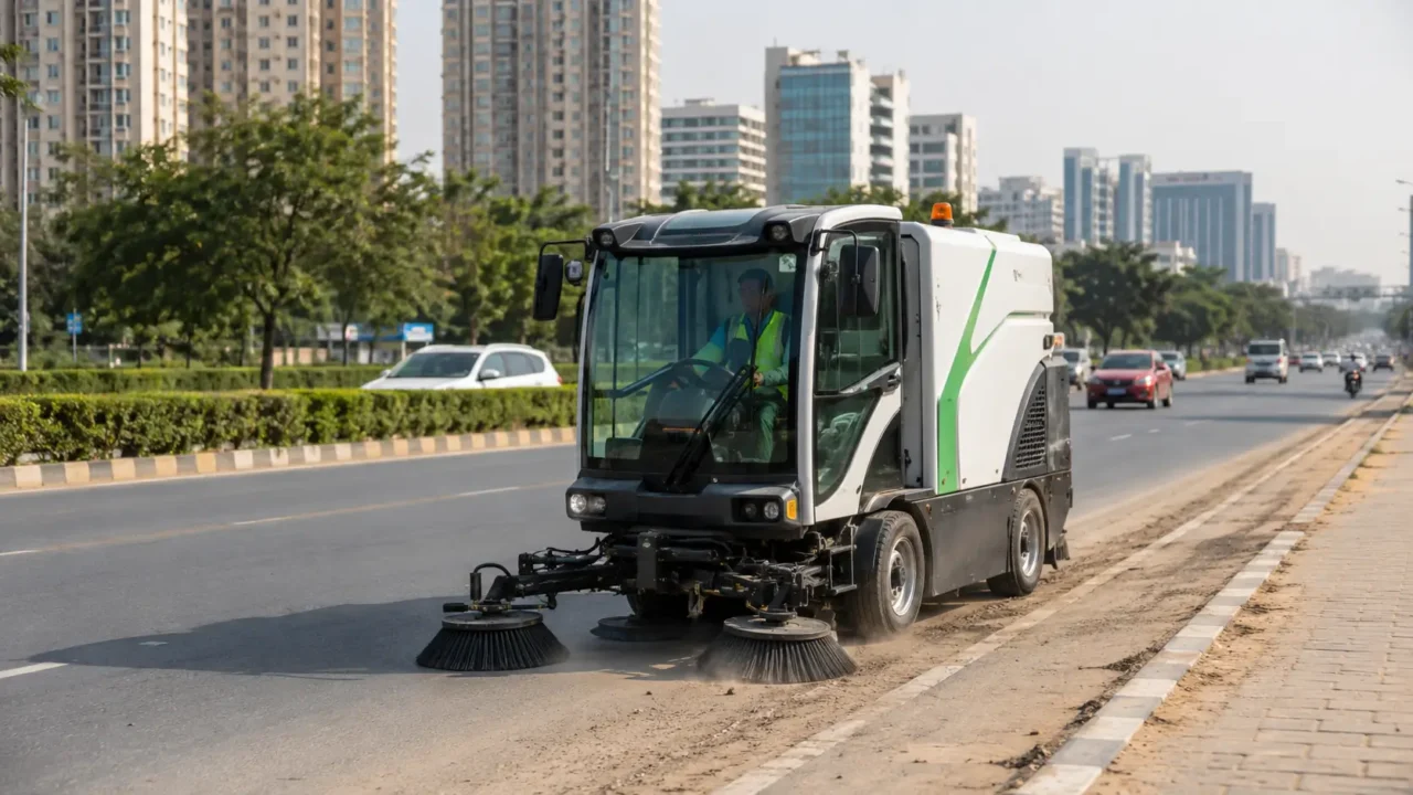 Representative electric mechanical road sweeper operating on a Greater Noida road