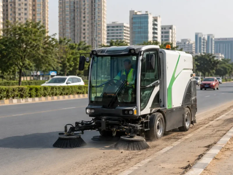 Representative electric mechanical road sweeper operating on a Greater Noida road