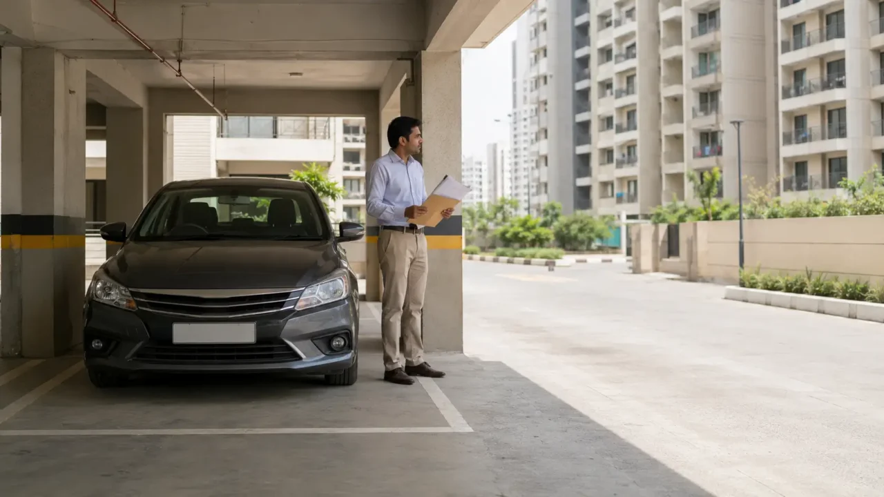 Representative apartment parking area illustrating a flat parking dispute in Greater Noida