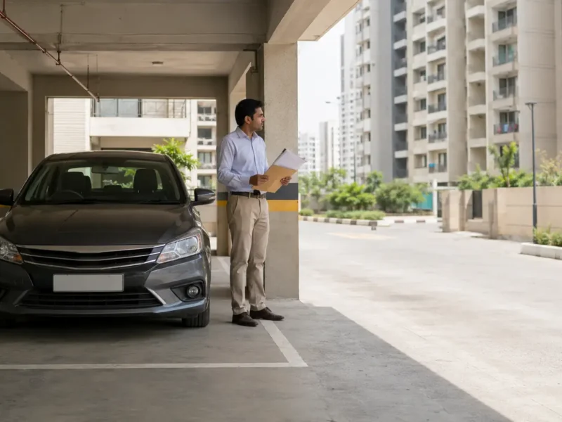Representative apartment parking area illustrating a flat parking dispute in Greater Noida