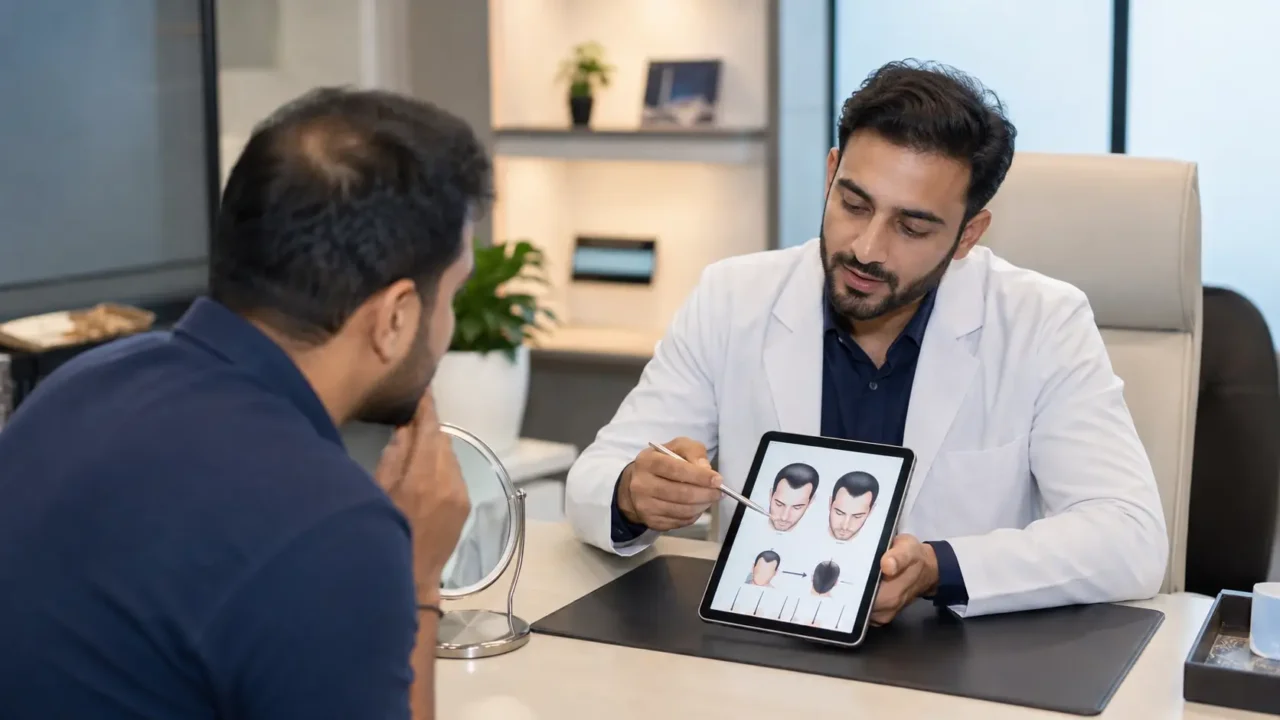 Representative medical consultation before a hair-transplant procedure for a patient-safety guide in Noida