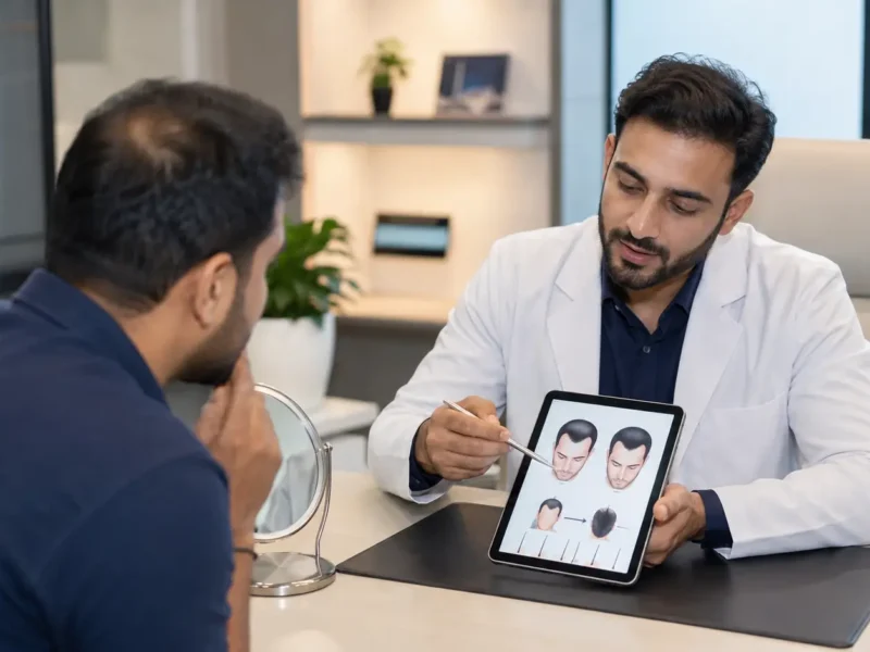 Representative medical consultation before a hair-transplant procedure for a patient-safety guide in Noida