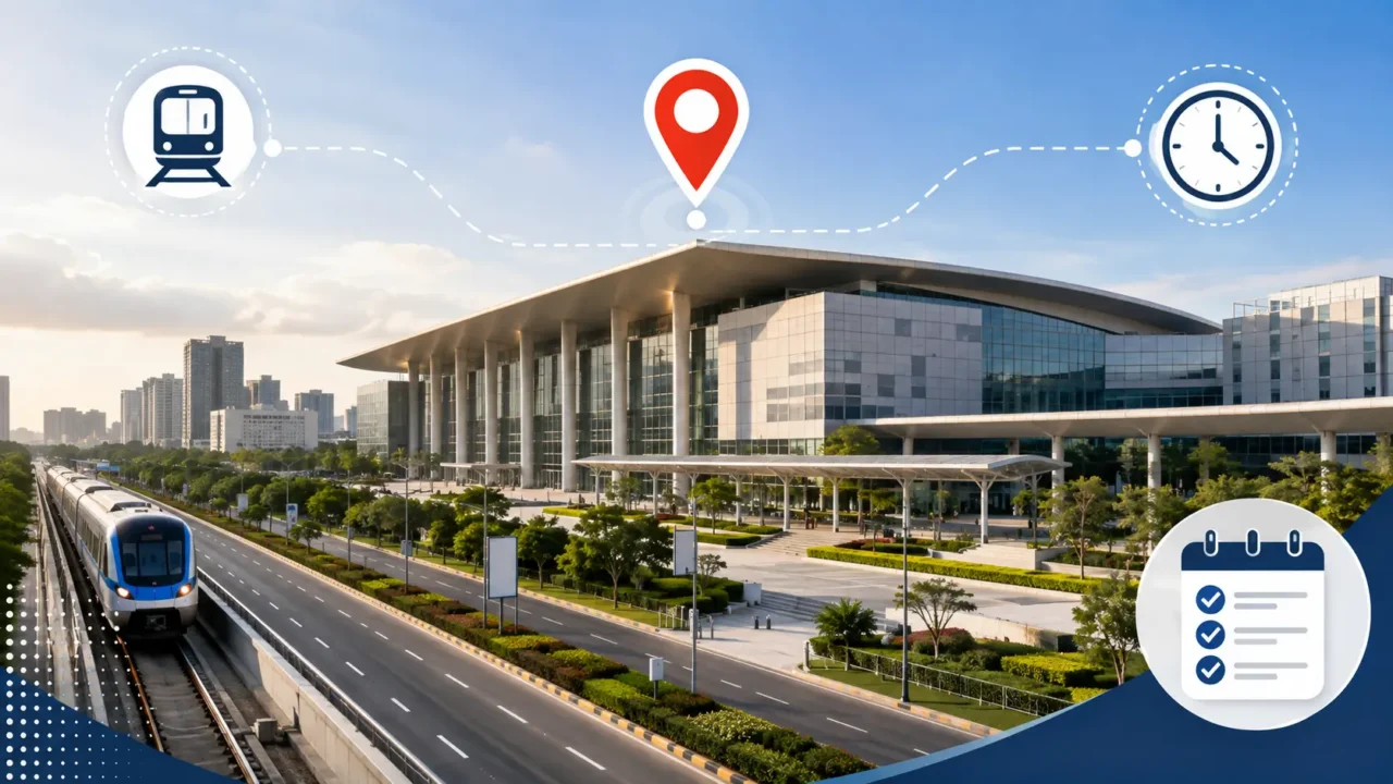Representative infographic for India Expo Mart Greater Noida visitor guide with Metro access, location and timing cues