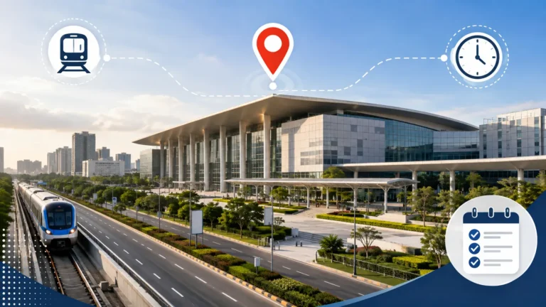 Representative infographic for India Expo Mart Greater Noida visitor guide with Metro access, location and timing cues