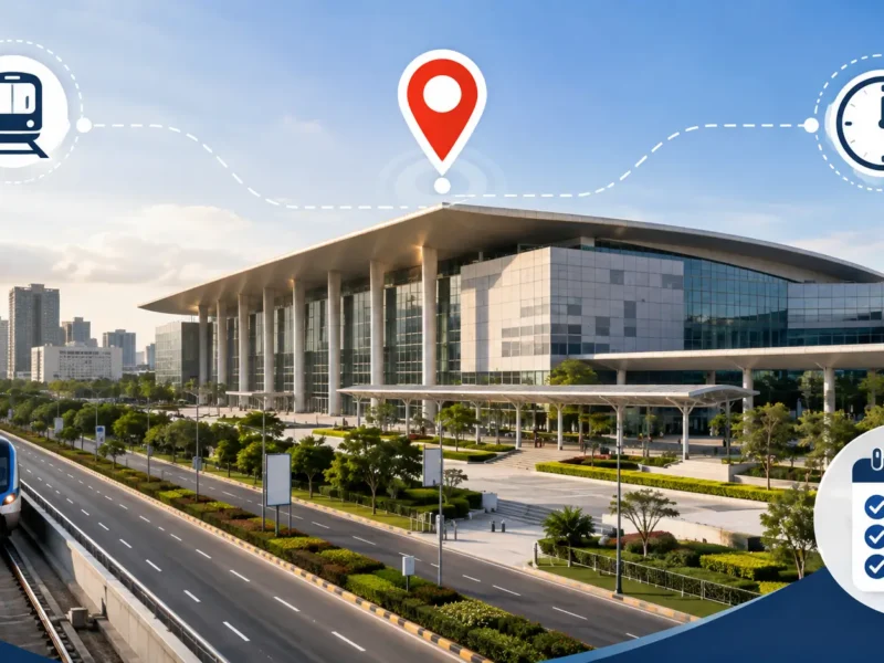 Representative infographic for India Expo Mart Greater Noida visitor guide with Metro access, location and timing cues