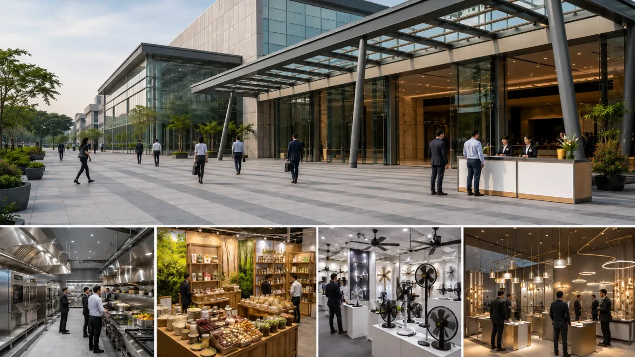 AI-generated representative illustration of business visitors arriving at an NCR trade exhibition venue with hospitality, organic products, fans and lighting displays
