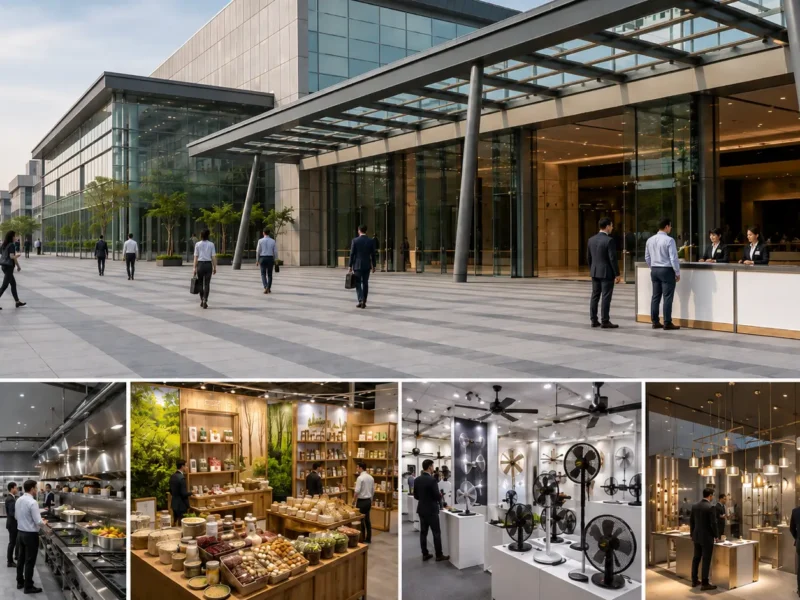 AI-generated representative illustration of business visitors arriving at an NCR trade exhibition venue with hospitality, organic products, fans and lighting displays