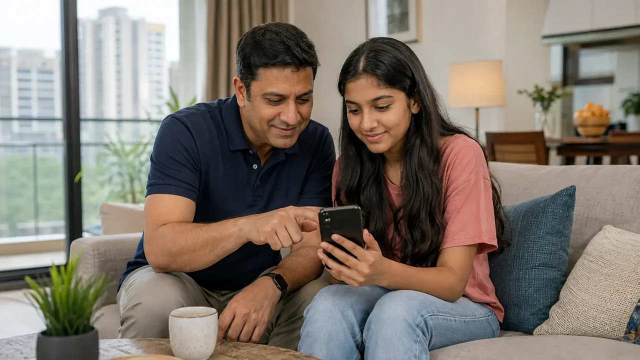 Representative parent and teenager reviewing online safety settings on a smartphone