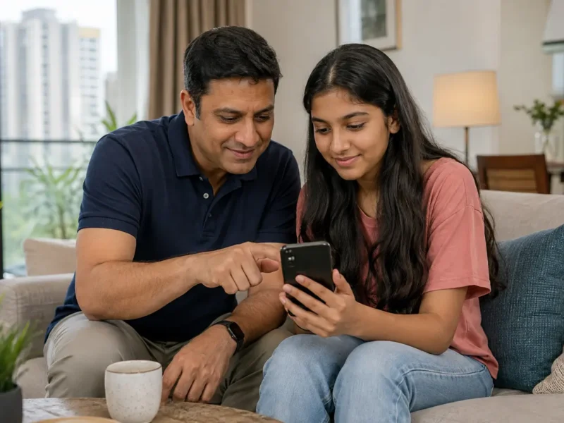 Representative parent and teenager reviewing online safety settings on a smartphone
