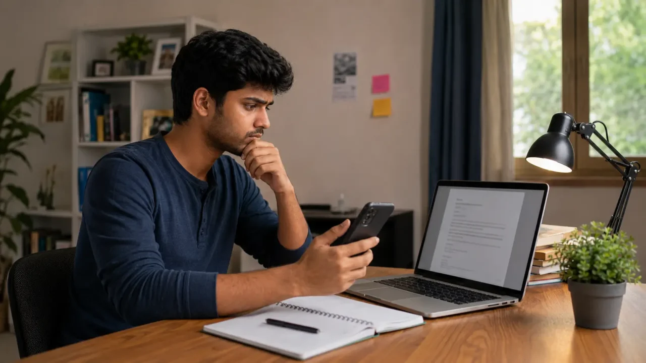 Young Indian jobseeker checking a suspicious recruitment message while reviewing an offer letter on a laptop