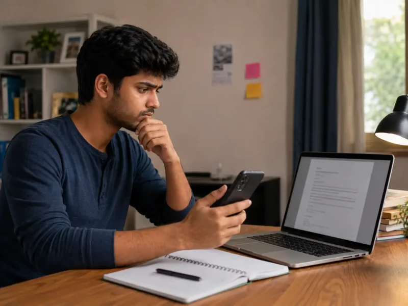 Young Indian jobseeker checking a suspicious recruitment message while reviewing an offer letter on a laptop