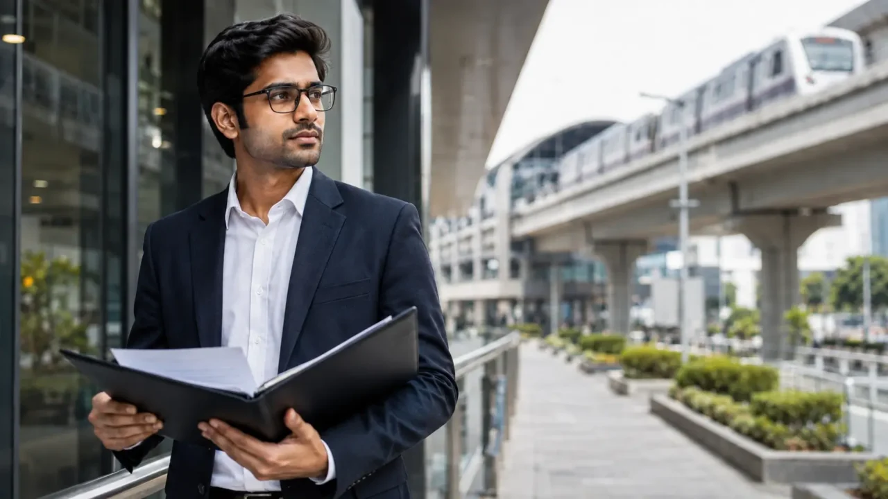 Representative image of an Indian legal professional holding documents near a modern metro corridor