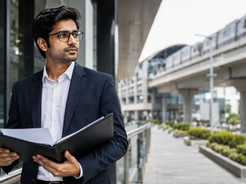 Representative image of an Indian legal professional holding documents near a modern metro corridor