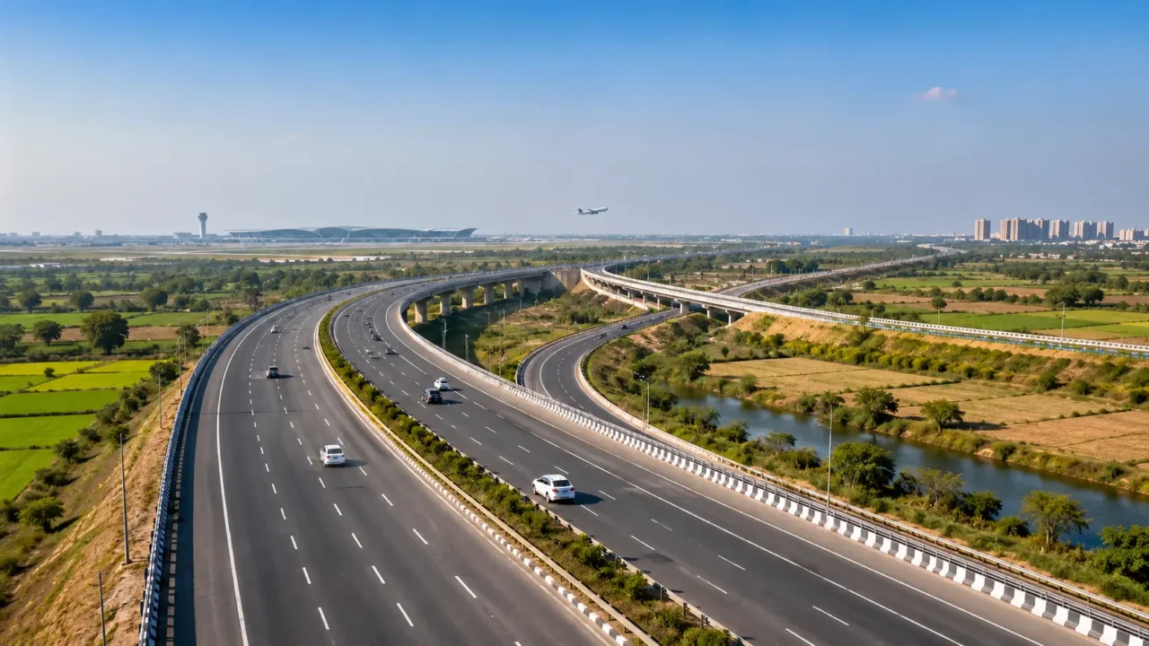 Representative view of an expressway network near an airport illustrating the proposed Noida Airport–Ganga Expressway link