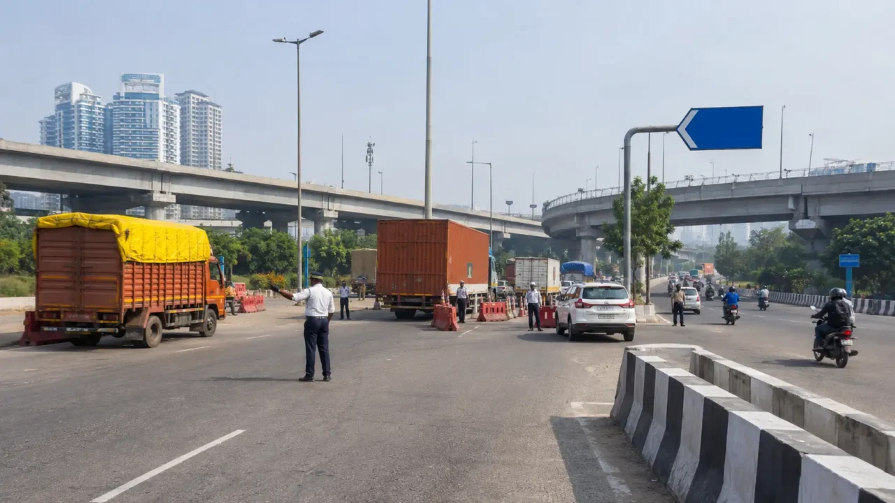 AI-generated representative view of goods trucks being diverted by traffic personnel at an urban Noida road junction
