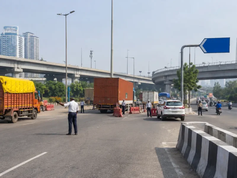 AI-generated representative view of goods trucks being diverted by traffic personnel at an urban Noida road junction