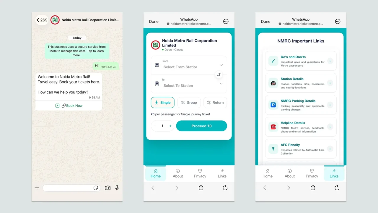 Noida Metro WhatsApp service showing Book Now, station selection and NMRC information links