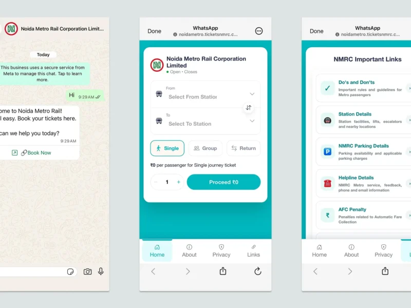 Noida Metro WhatsApp service showing Book Now, station selection and NMRC information links