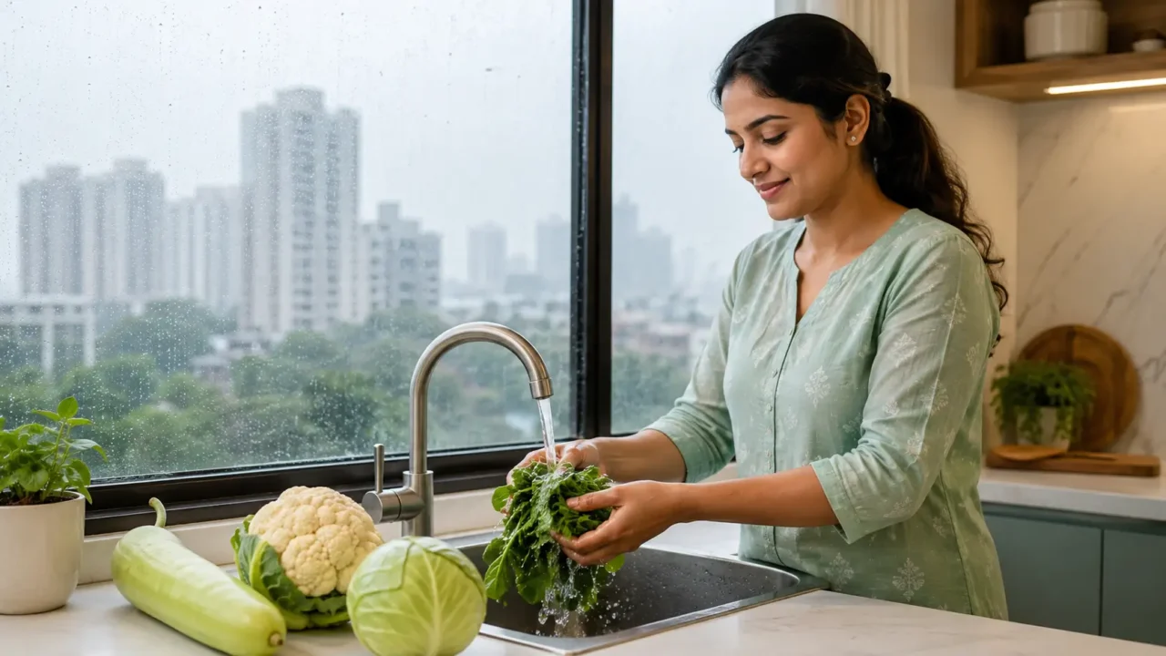 Woman washing leafy vegetables with clean running water in a kitchen during the Noida monsoon