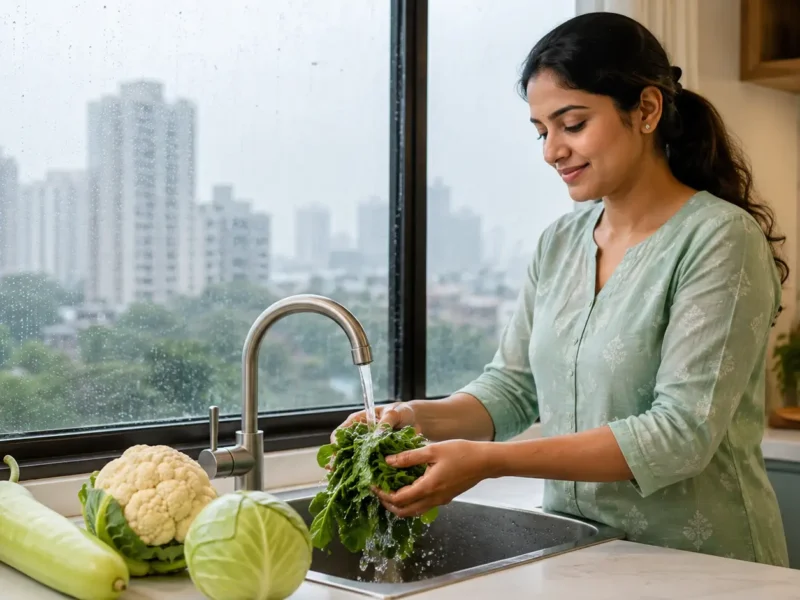 Woman washing leafy vegetables with clean running water in a kitchen during the Noida monsoon