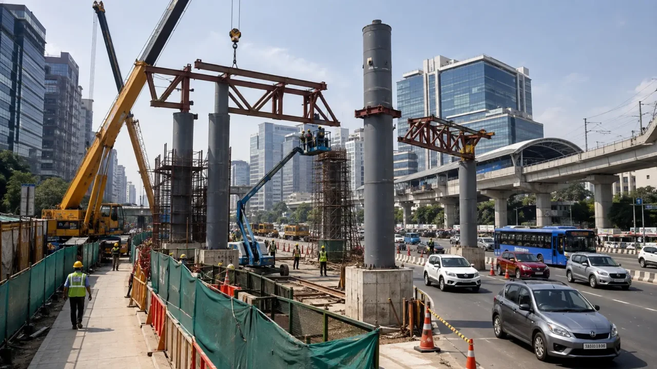 AI-generated representative view of an unfinished pedestrian skywalk being constructed beside a busy NCR road