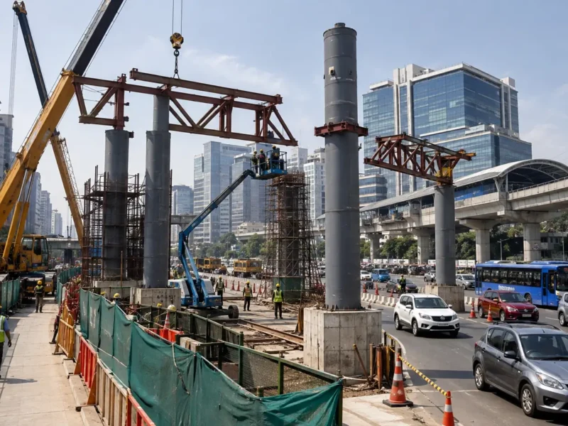 AI-generated representative view of an unfinished pedestrian skywalk being constructed beside a busy NCR road