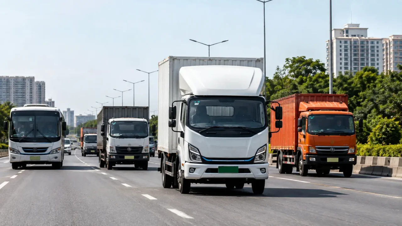 Commercial trucks and a bus representing the PARIVARTAN vehicle replacement scheme in Gautam Buddh Nagar