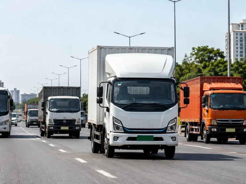 Commercial trucks and a bus representing the PARIVARTAN vehicle replacement scheme in Gautam Buddh Nagar